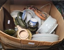 Three boxes of mixed ceramics and glassware, boxed cakestand, two boxed hors d'ouevres dishes and