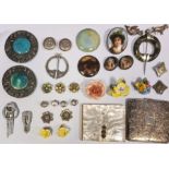 Quantity of costume jewellery to include silver buttons, brooches, compacts, pottery jewellery,