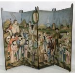 19th century Chinese painted four-fold draught screen, watercolour, gouache and collage laid on