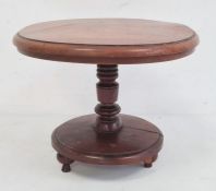 Miniature/apprentice mahogany circular table, on turned support, circular base and bun feet, 18cm