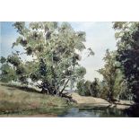 Watercolour drawing Woodland pool, signed indistinctly 'B With...' and dated 02, 35.5cm x 53cm