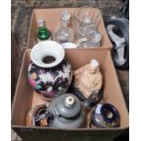 Assorted glassware to include a glass whale, decanters with labels, a model of a Buddha, a pewter