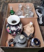 Assorted glassware to include a glass whale, decanters with labels, a model of a Buddha, a pewter