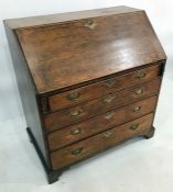 19th century oak bureau with four graduated drawers, to bracket feet, 96cm wide