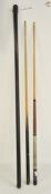 Two vintage pool cues, one one-piece (cased in black lockable tube), the other two-piece (2)