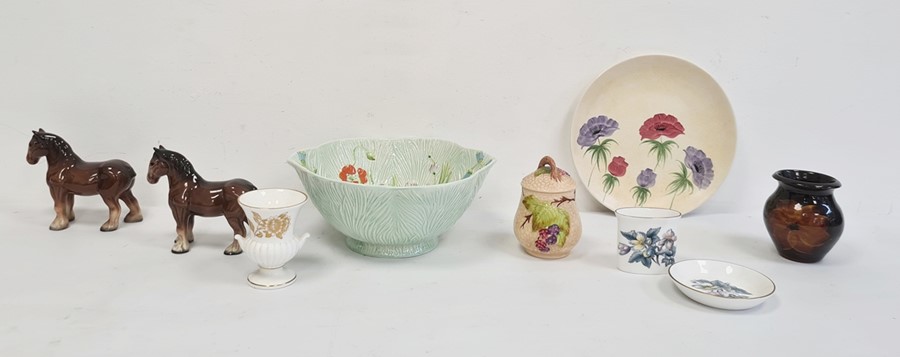 Beswick green pottery bowl, green glazed and incised with floral sprays to interior, a Radlord