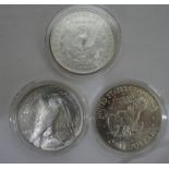 Peace dollar with Liberty to reverse, 1922 with certificate, a Morgan dollar 1889, with