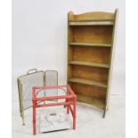 Painted open bookcase, a set of bathroom scales, a spark guard and a bamboo coffee table (4)