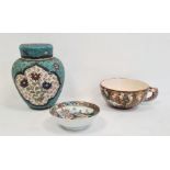 Japanese cloisonne enamel and earthenware vase and cover, ovoid, floral decorated panels, on a