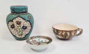 Japanese cloisonne enamel and earthenware vase and cover, ovoid, floral decorated panels, on a