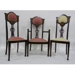 Set of five Art Nouveau foliate inlaid dining chairs (4+1) with pink and cream upholstered