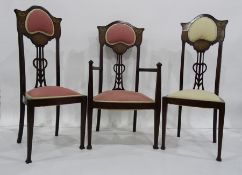 Set of five Art Nouveau foliate inlaid dining chairs (4+1) with pink and cream upholstered