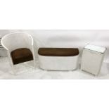 Loom ottoman, a chair and a laundry basket, all painted white (3)