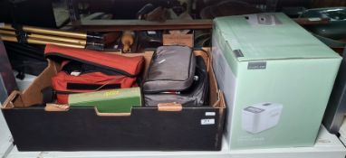 Box containing quantity of photographic equipment, lenses, filters, etc and a Lakeland compact