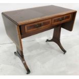 20th century mahogany and banded sofa table with end pedestal supports, cabriole legs, brass caps
