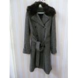 Lauren Ralph Lauren black and white tweed double-breasted overcoat with a faux-fur detachable