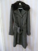 Lauren Ralph Lauren black and white tweed double-breasted overcoat with a faux-fur detachable