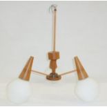 20th century three-branch ceiling light, wooden, with white translucent shades, 52cm approx