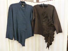 Shelley Fox brown boiled wool smock top with a deep flowered ruffle to the front, a black and