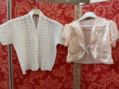 Edwardian crocheted blouse and a satin bed jacket, applique design and appliqued pockets, lace