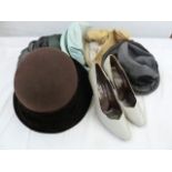 Various Sandra Phillips raw silk and other hats and a pair of Charles Jourdan pale grey court