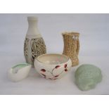 Arthur Wood bowl decorated with red and black leaves, a Bretby pottery wall hanger, a Sylvac pottery