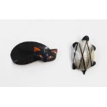 Lea Stein cat brooch, black with faux tortoiseshell eyes and ears and a Leichstein tortoise brooch