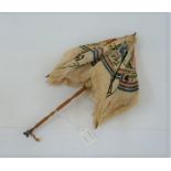 Miniature parasol with carved horn handle, embroidered silk (a little worn), the handle with gilt-