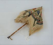 Miniature parasol with carved horn handle, embroidered silk (a little worn), the handle with gilt-