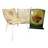 20th century vinyl chair with floral upholstery, a metal fire-screen with floral decoration of