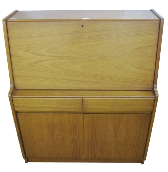 Remploy lightwood bureau with fall front enclosing pigeonholes and writing pad, drawers and