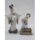 Lladro figure of a Japanese lady in kimono, kneeling over blossom in a vase, 19cm high (damaged) and