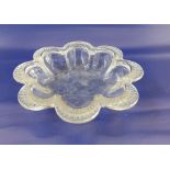 Lalique satin and clear glass bowl, circular and scalloped with broad everted and stiffleaf embossed