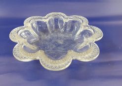 Lalique satin and clear glass bowl, circular and scalloped with broad everted and stiffleaf embossed