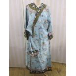 1920s Raw Silk Dressing Robe/Lounge Wear with sash belt in turquoise with cranes and flower