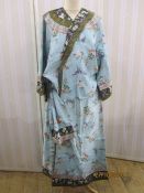 1920s Raw Silk Dressing Robe/Lounge Wear with sash belt in turquoise with cranes and flower