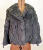 Armani Collezioni blue grey fur jacket with original buttons, suede tie to the sleeves