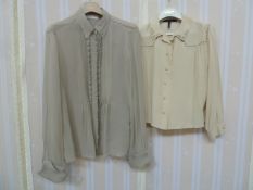 Nicole Farhi grey chiffon blouse, pintucked, frayed frill, faux-pearl buttons, cuffs with faux-pearl