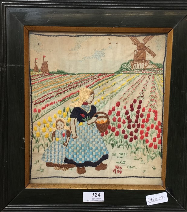 Early 20th century embroidery depicting mother and child among tulip field, with windmill in - Image 2 of 2