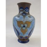 Chameleon ware Art Deco-style vase, baluster-shaped, blue ground with aesthetic leaf decoration,