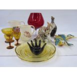 Two Beswick pottery woodpeckers, a USSR model tiger, a USSR model cat, a 20th century glass and