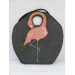 Lulu Guinness circular straw beach bag embroidered in a flamingo, in raffia on straw