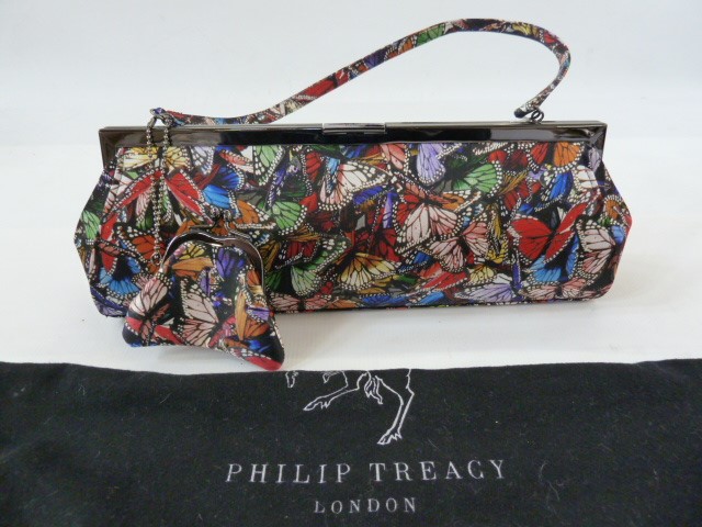 Philip Treacy silk handbag printed with butterflies, attached purse, fabric handle and original dust - Image 2 of 2