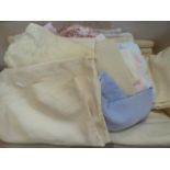 Large quantity of assorted table linen and bed linen to include a large length of cream silk (1box)