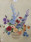 20th century embroidery of flowers to include delphiniums and poppies in a vase, in gilt frame, 58cm