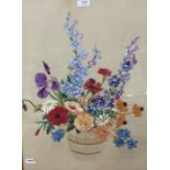 20th century embroidery of flowers to include delphiniums and poppies in a vase, in gilt frame, 58cm