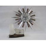 Metamec quartz sunburst-style wall clock in silver-coloured metal and wood-effect plastic rays, 60.