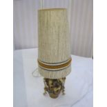 West German style pottery vase/table lamp with large cylindrical beige shade, decorated with