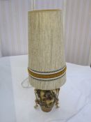 West German style pottery vase/table lamp with large cylindrical beige shade, decorated with