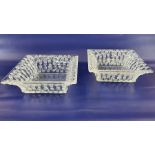 Pair of Lalique square dishes with flared rims, the sides decorated with roses, on a trellis
